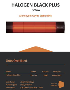 Ardonat 3000 Watt Dış Mekan Kafe Restoran Isıtıcı İnfrared Halogen Black