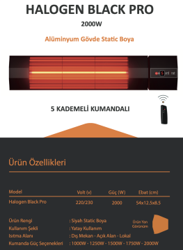 Ardonat 2000 Watt Kumandalı Dış Mekan Kafe Restoran Isıtıcı İnfrared Halogen Black