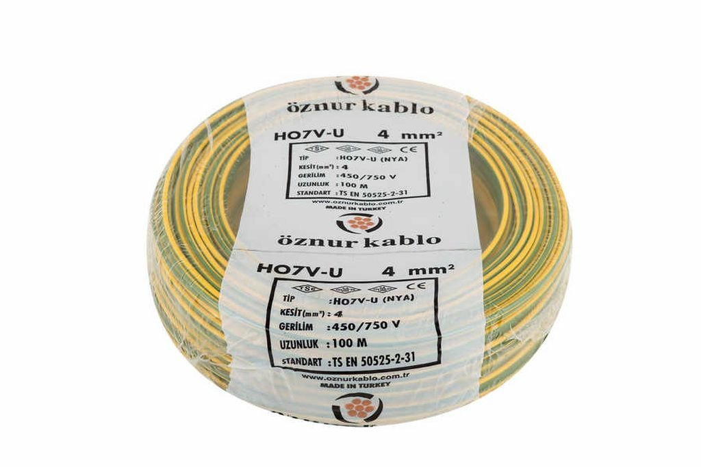 Öznur Kablo 4 mm Nya Tek Damarlı Yanmaz Bakır Elektrik Kablosu Sarı Yeşil 100 Metre
