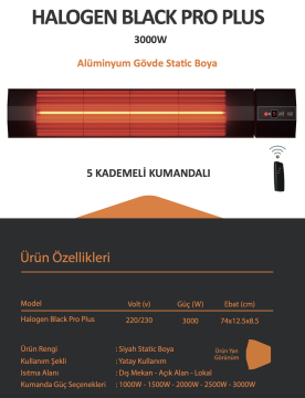 Ardonat 3000 Watt Kumandalı Dış Mekan Kafe Restoran Isıtıcı İnfrared Halogen Black