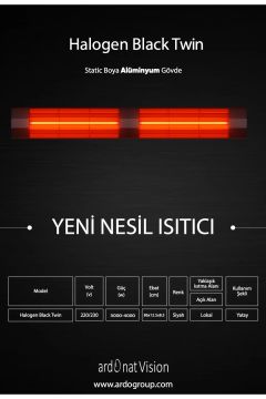 Ardonat Dış Mekan Kafe Restorant İnfrared Isıtıcı Halogen Black Twin 3000 Watt
