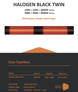 Ardonat 4000 Watt Dış Mekan Kafe Restoran Isıtıcı İnfrared Halogen Black Twin