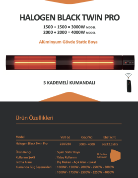 Ardonat 3000 Watt Kumandalı Dış Mekan Kafe Restoran Isıtıcı İnfrared Halogen Black Twin