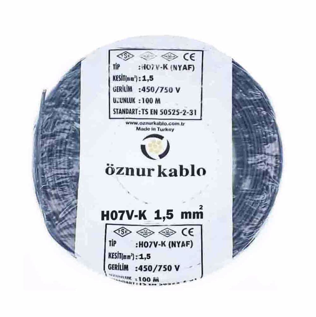 Öznur Kablo 1,5 mm Nyaf Tek Damarlı Yanmaz Bakır Elektrik Kablosu Siyah 100 Metre