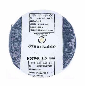 Öznur Kablo 1,5 mm Nyaf Tek Damarlı Yanmaz Bakır Elektrik Kablosu Siyah 100 Metre