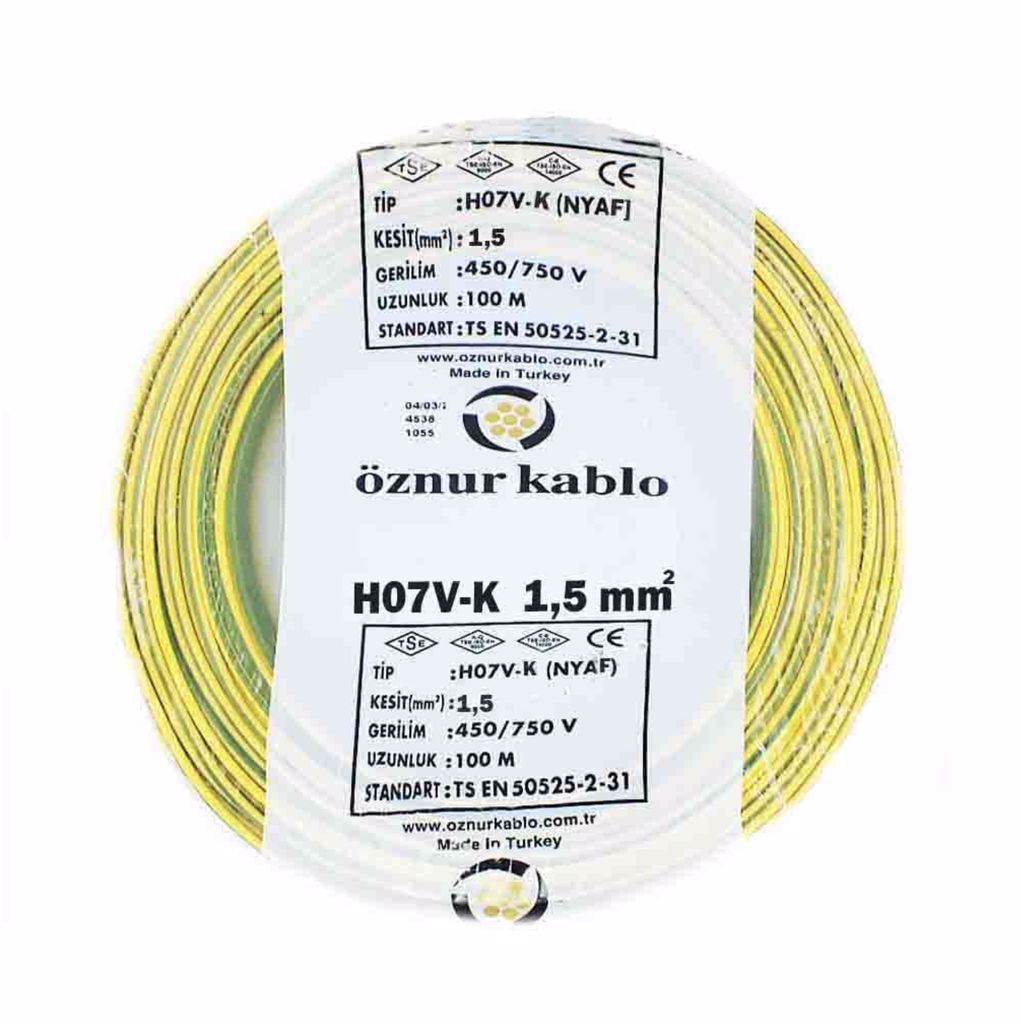 Öznur Kablo 1,5 mm Nyaf Tek Damarlı Yanmaz Bakır Elektrik Kablosu Sarı Yeşil 100 Metre