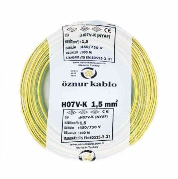 Öznur Kablo 1,5 mm Nyaf Tek Damarlı Yanmaz Bakır Elektrik Kablosu Sarı Yeşil 100 Metre