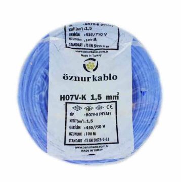Öznur Kablo 1,5 mm Nyaf Tek Damarlı Yanmaz Bakır Elektrik Kablosu Mavi 100 Metre