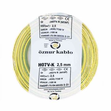 Öznur Kablo 2,5 mm Nyaf Tek Damarlı Yanmaz Bakır Elektrik Kablosu Sarı Yeşil 100 Metre