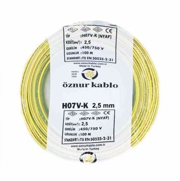 Öznur Kablo 2,5 mm Nyaf Tek Damarlı Yanmaz Bakır Elektrik Kablosu Sarı Yeşil 100 Metre