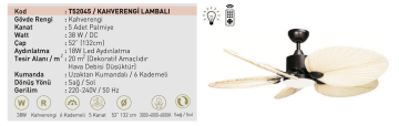 Kaşkar Taflan T52045 38W Işıklı Kahverengi Palmiye 5 Kanatlı Uzaktan Kumandalı Tavan Tipi Vantilatörü