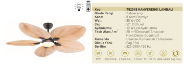 Kaşkar Taflan T52045 38W Işıklı Kahverengi Palmiye 5 Kanatlı Uzaktan Kumandalı Tavan Tipi Vantilatörü
