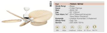 Kaşkar Taflan T52045 38W Beyaz Palmiye 5 Kanatlı Uzaktan Kumandalı Tavan Tipi Vantilatörü