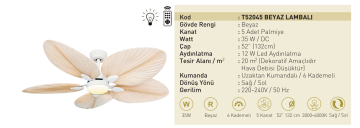 Kaşkar Taflan T52045 38W Işıklı Beyaz Palmiye 5 Kanatlı Uzaktan Kumandalı Tavan Tipi Vantilatörü