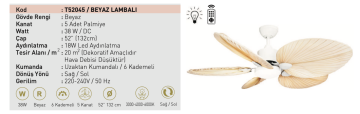 Kaşkar Taflan T52045 38W Işıklı Beyaz Palmiye 5 Kanatlı Uzaktan Kumandalı Tavan Tipi Vantilatörü