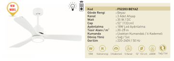 Kaşkar Taflan F52203 35W Işıklı Beyaz Ahşap 3 Kanatlı Uzaktan Kumandalı Tavan Tipi Vantilatörü
