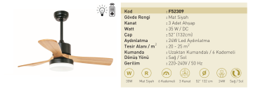 Kaşkar Taflan F52309 35W Işıklı Mat Siyah Ahşap 3 Kanatlı Uzaktan Kumandalı Tavan Tipi Vantilatörü