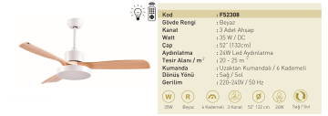 Kaşkar Taflan F52308 35W Işıklı Beyaz Gövde Ahşap 3 Kanatlı Uzaktan Kumandalı Tavan Tipi Vantilatörü