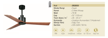 Kaşkar Taflan D52033 70W Siyah Gövde Ahşap 3 Kanatlı Uzaktan Kumandalı Tavan Tipi Vantilatörü