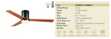 Kaşkar Taflan D52033L 70W Işıklı Siyah Gövde Ahşap 3 Kanatlı Uzaktan Kumandalı Tavan Tipi Vantilatörü