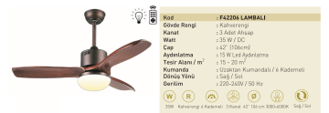 Kaşkar Taflan F42206 35W Işıklı Kahverengi Gövde Ahşap 3 Kanatlı Uzaktan Kumandalı Tavan Tipi Vantilatörü