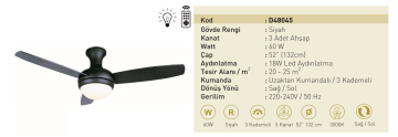 Kaşkar Taflan D48045 60W Işıklı Siyah Gövde Ahşap 3 Kanatlı Uzaktan Kumandalı Tavan Tipi Vantilatörü