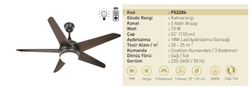 Kaşkar Taflan F52204 70W Işıklı Kahverengi Gövde Ahşap 5 Kanatlı Uzaktan Kumandalı Tavan Tipi Vantilatörü
