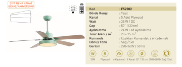 Kaşkar Taflan F52204 35W Işıklı Yeşil Gövde Ahşap 5 Kanatlı Uzaktan Kumandalı Tavan Tipi Vantilatörü