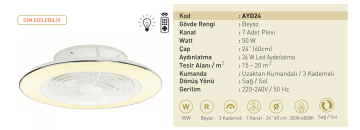 Taflan AYD-24 50W Işıklı Uzaktan Kumandalı 7 Kanatlı Lambalı Tavan Vantilatörü