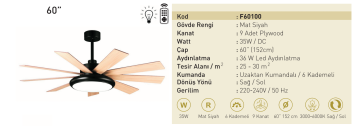 Kaşkar Taflan F60100 35W Işıklı Mat Siyah Gövde Pleksi 9 Playwood Uzaktan Kumandalı Tavan Tipi Vantilatörü