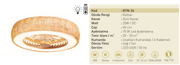 Taflan RTN-24 35W Işıklı Rattan Gövdeli Uzaktan Kumandalı Gizli Kanat Lambalı Tavan Vantilatörü