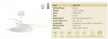 Taflan AYD-20 30W Işıklı Beyaz Gövdeli Uzaktan Kumandalı 3 Kanatlı Lambalı Tavan Vantilatörü