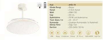 Taflan AYD-10 50W Işıklı Beyaz Gövdeli Uzaktan Kumandalı 3 Kanatlı Lambalı Tavan Vantilatörü