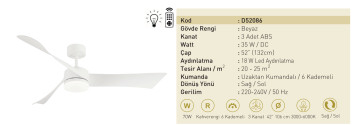 Kaşkar Taflan D52086 35W Işıklı Beyaz Gövde Abs 3 Kanatlı Uzaktan Kumandalı Tavan Tipi Vantilatörü