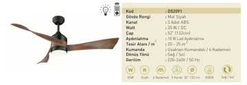 Kaşkar Taflan D52091 35W Işıklı Mat Siyah Gövde Abs 3 Kanatlı Uzaktan Kumandalı Tavan Tipi Vantilatörü