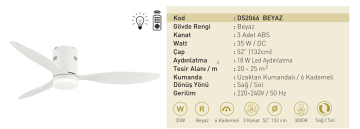 Kaşkar Taflan D52066 35W Işıklı Beyaz Gövde Abs 3 Kanatlı Uzaktan Kumandalı Tavan Tipi Vantilatörü