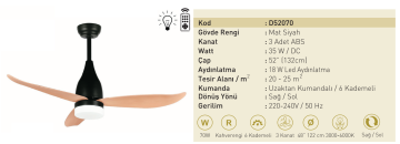 Kaşkar Taflan D52070 35W Işıklı Mat Siyah Gövde Abs 3 Kanatlı Uzaktan Kumandalı Tavan Tipi Vantilatörü