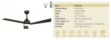Kaşkar Taflan D52103 35W Işıklı Mat Siyah Gövde Abs 3 Kanatlı Uzaktan Kumandalı Tavan Tipi Vantilatörü