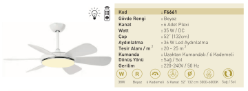 Kaşkar Taflan F6661 35W Işıklı Beyaz Gövde Plexi 6 Kanatlı Uzaktan Kumandalı Tavan Tipi Vantilatörü