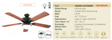Kaşkar Taflan D52052 35W Işıklı Dış Mekan Plexi 5 Kanatlı Uzaktan Kumandalı Tavan Tipi Vantilatörü
