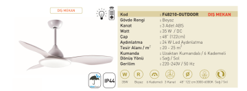Kaşkar Taflan F48210 35W Işıklı Dış Mekan ABS 3 Kanatlı Uzaktan Kumandalı Tavan Tipi Vantilatörü