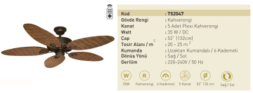 Kaşkar Taflan T52047 35W Kahverengi Gövde Plexi 5 Kanatlı Uzaktan Kumandalı Tavan Tipi Vantilatörü