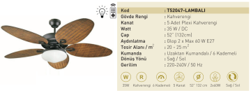 Kaşkar Taflan T52047 35W Lambalı Kahverengi Gövde Plexi 5 Kanatlı Uzaktan Kumandalı Tavan Tipi Vantilatörü