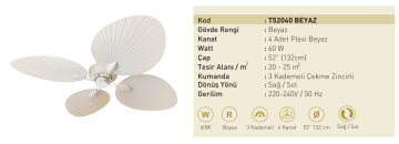 Kaşkar Taflan T52040 60W Beyaz Gövde Plexi 4 Kanatlı Çekme Zincirli Tavan Tipi Vantilatörü