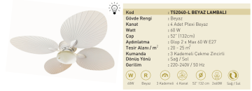 Kaşkar Taflan T52040 60W Lambalı Beyaz Gövde Plexi 4 Kanatlı Çekme Zincirli Tavan Tipi Vantilatörü