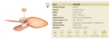 Kaşkar Taflan F52303 30W Işıklı Krem Gövdeli Plexi 3 Kanatlı Uzaktan Kumandalı Tavan Tipi Vantilatörü
