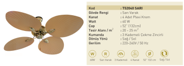 Kaşkar Taflan T52040 60W Sarı Varak Gövdeli Plexi 4 Kanatlı Çekme Zincirli Tavan Tipi Vantilatörü