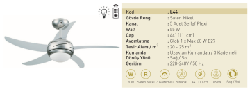 Kaşkar Taflan L44 55W Işıklı Saten Nikel Gövde Plexi 5 Kanatlı Uzaktan Kumandalı Tavan Tipi Vantilatörü
