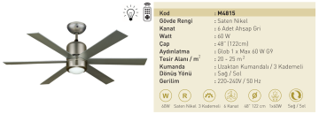 Kaşkar Taflan M4815 60W Işıklı Saten Nikel Gövde Ahşap 6 Kanatlı Uzaktan Kumandalı Tavan Tipi Vantilatörü