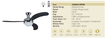 Kaşkar Taflan D48045 60W Işıklı Metalik Krom Gövde Ahşap 3 Kanatlı Uzaktan Kumandalı Tavan Tipi Vantilatörü